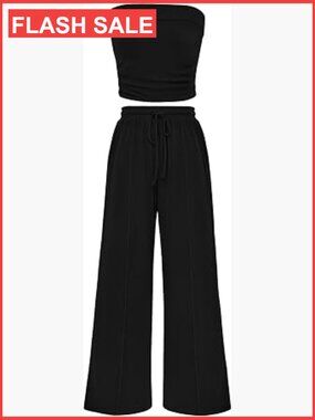 2 Piece Ribbed Knit Crop Top & Wide Leg Pants Lounge Set